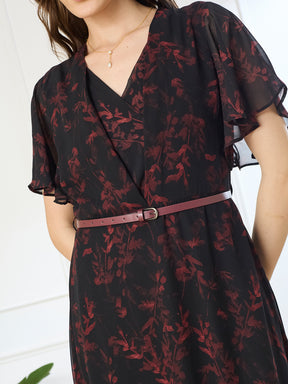 Latin Quarters Women's Black Printed V-Neck Half Sleeve Casual Fit & Flare Dress