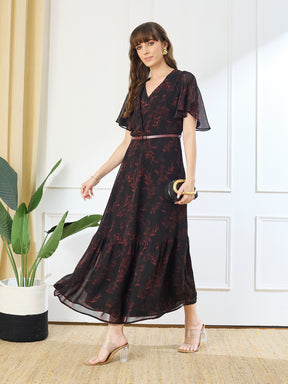 Latin Quarters Women's Black Printed V-Neck Half Sleeve Casual Fit & Flare Dress