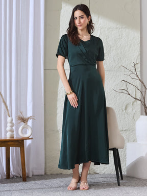 Latin Quarters Women's Green Solid Half Sleeves V-Neck Party A-Line Dress