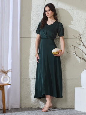 Latin Quarters Women's Green Solid Half Sleeves V-Neck Party A-Line Dress