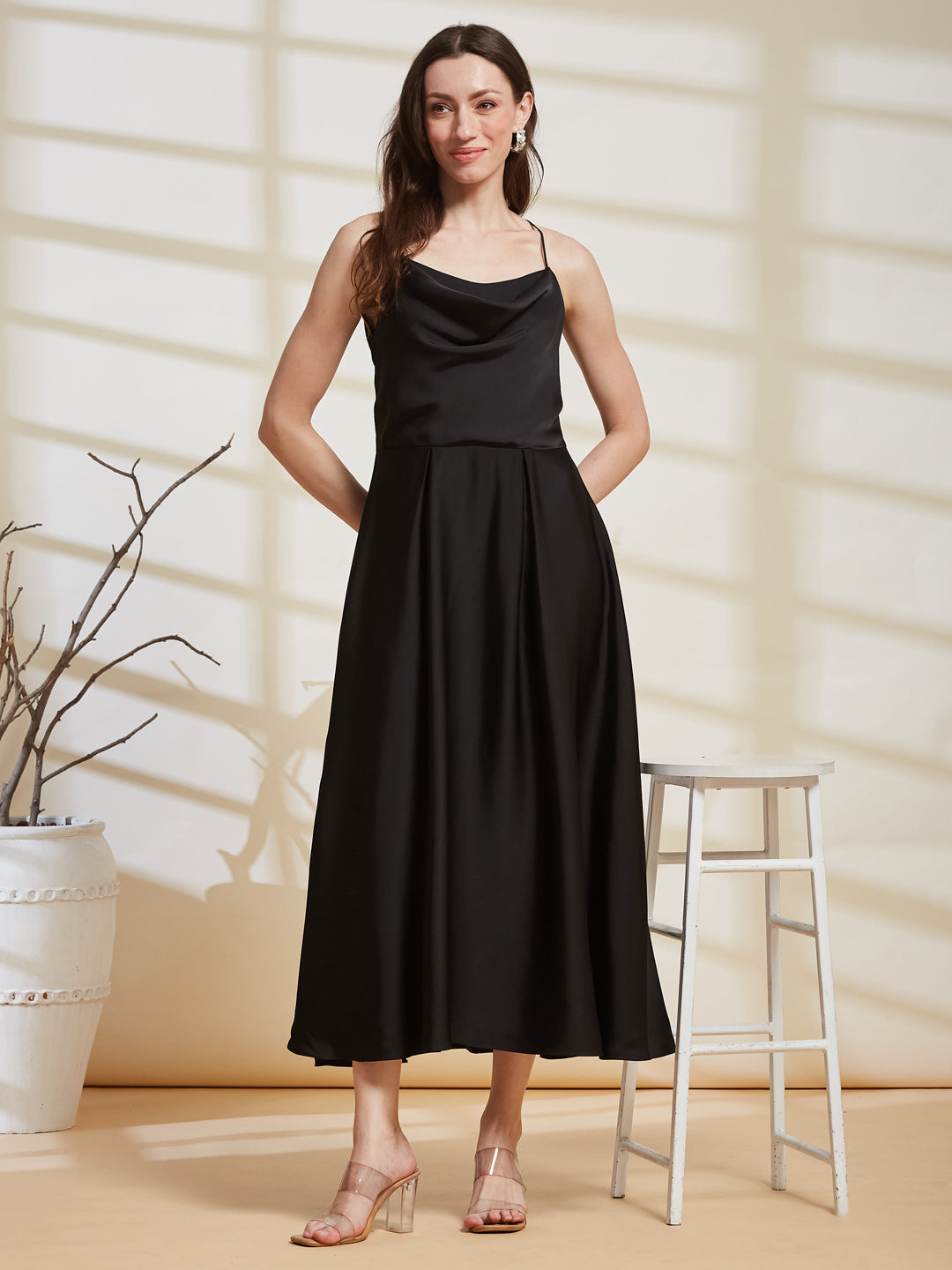 Latin Quarters Women's Black Solid Strappy Cowl Neck Party A-Line Dress