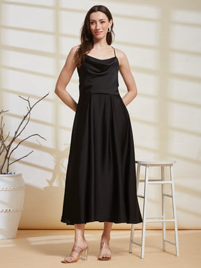 Latin Quarters Women's Black Solid Strappy Cowl Neck Party A-Line Dress