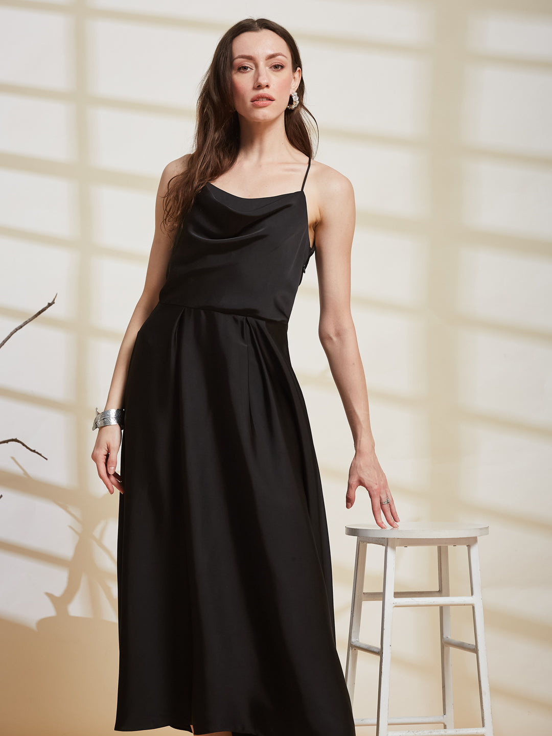 Latin Quarters Women's Black Solid Strappy Cowl Neck Party A-Line Dress