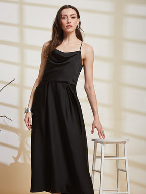 Latin Quarters Women's Black Solid Strappy Cowl Neck Party A-Line Dress