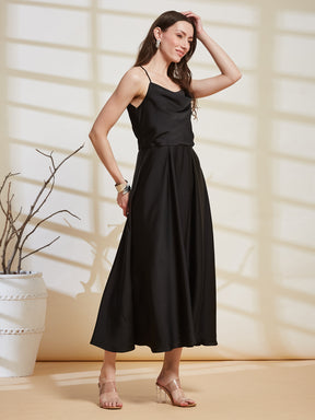 Latin Quarters Women's Black Solid Strappy Cowl Neck Party A-Line Dress