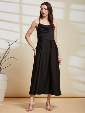 Latin Quarters Women's Black Solid Strappy Cowl Neck Party A-Line Dress