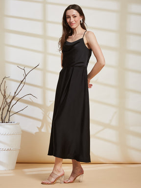 Latin Quarters Women's Black Solid Strappy Cowl Neck Party A-Line Dress
