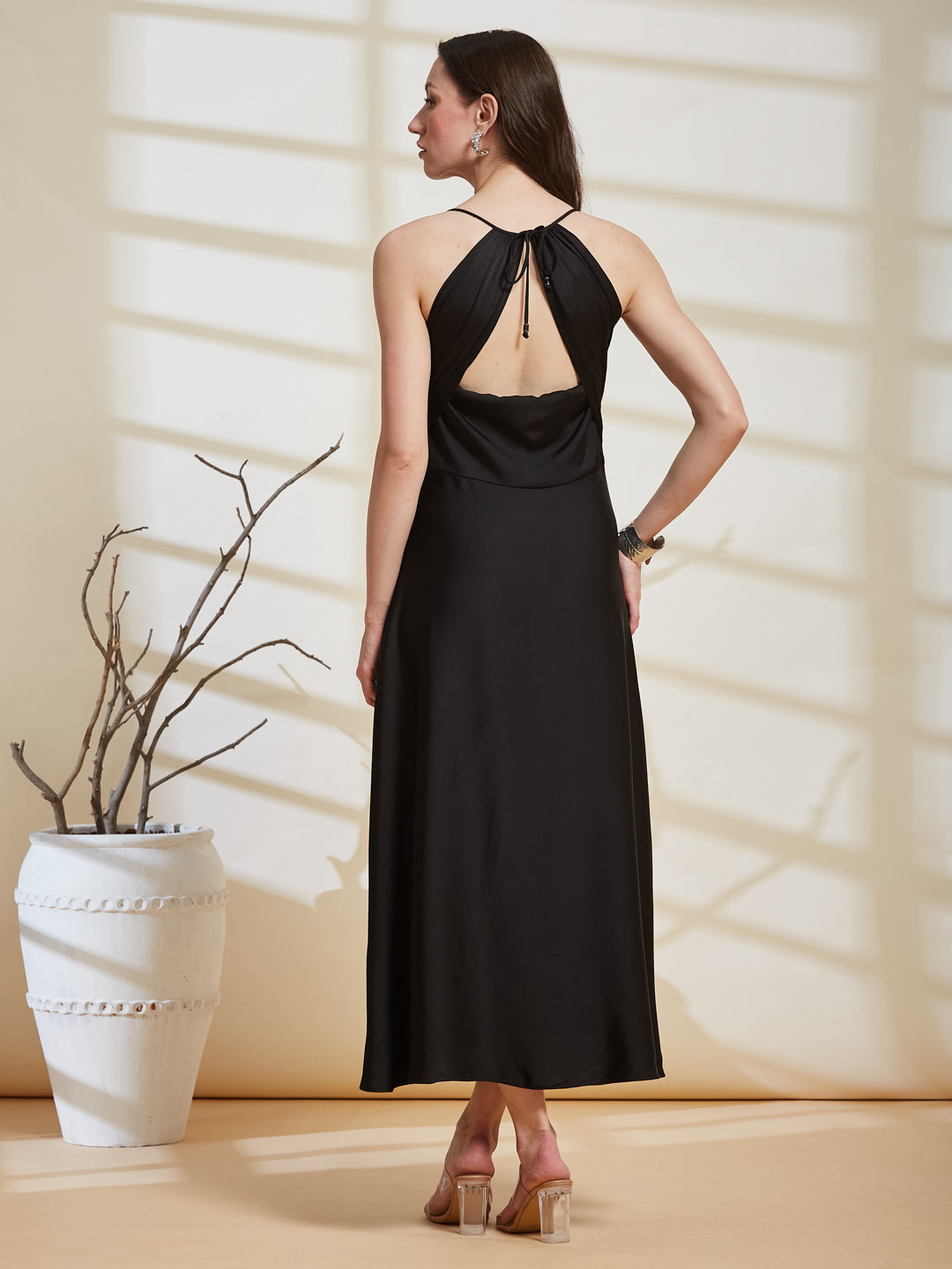 Latin Quarters Women's Black Solid Strappy Cowl Neck Party A-Line Dress