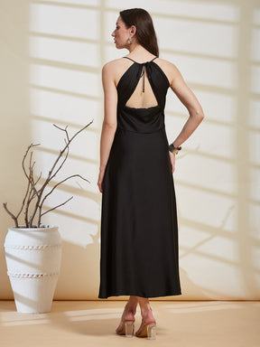 Latin Quarters Women's Black Solid Strappy Cowl Neck Party A-Line Dress