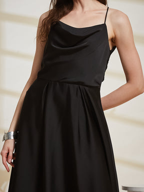 Latin Quarters Women's Black Solid Strappy Cowl Neck Party A-Line Dress