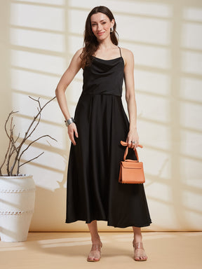Latin Quarters Women's Black Solid Strappy Cowl Neck Party A-Line Dress