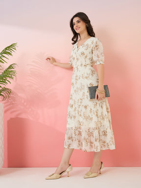 Latin Quarters Women's Off White Printed V-Neck Half Sleeves Casual Fit & Flare Dress