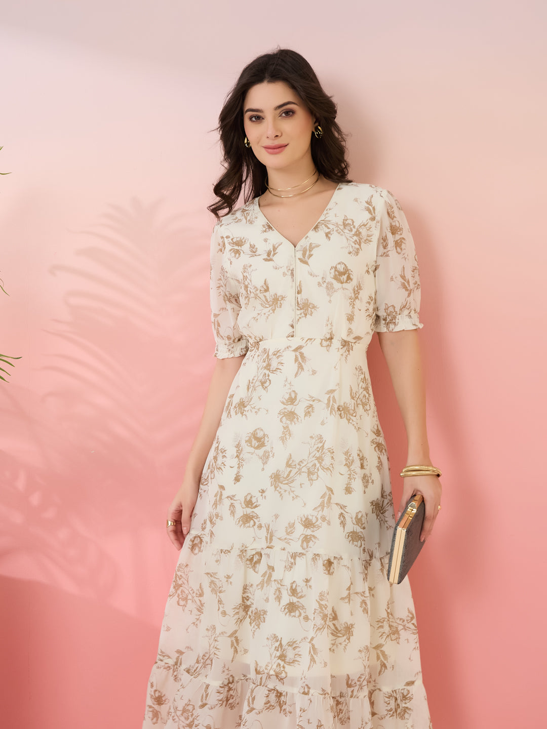 Latin Quarters Women's Off White Printed V-Neck Half Sleeves Casual Fit & Flare Dress