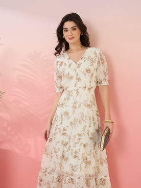 Latin Quarters Women's Off White Printed V-Neck Half Sleeves Casual Fit & Flare Dress