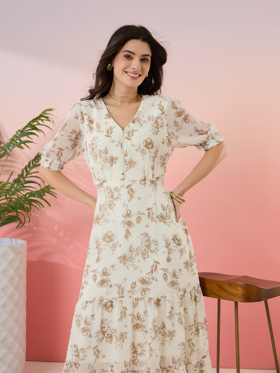 Latin Quarters Women's Off White Printed V-Neck Half Sleeves Casual Fit & Flare Dress
