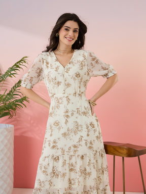 Latin Quarters Women's Off White Printed V-Neck Half Sleeves Casual Fit & Flare Dress