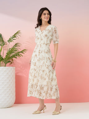 Latin Quarters Women's Off White Printed V-Neck Half Sleeves Casual Fit & Flare Dress