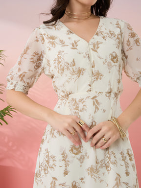 Latin Quarters Women's Off White Printed V-Neck Half Sleeves Casual Fit & Flare Dress