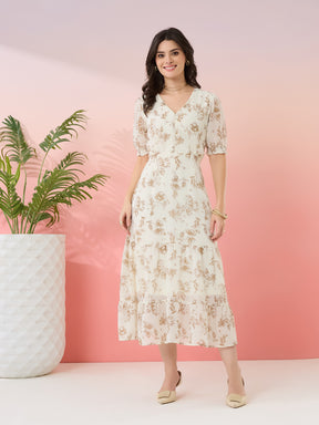 Latin Quarters Women's Off White Printed V-Neck Half Sleeves Casual Fit & Flare Dress