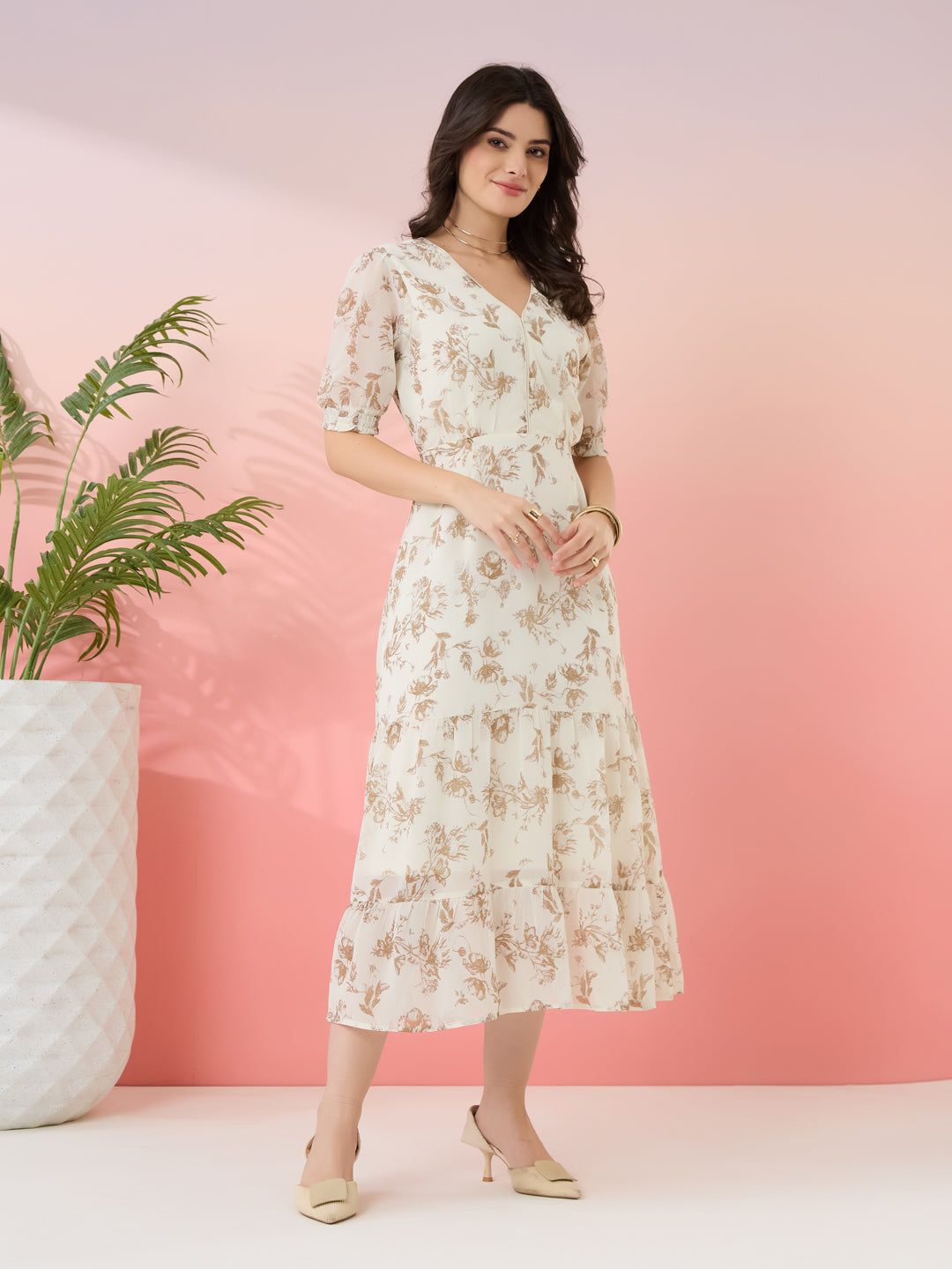 Latin Quarters Women's Off White Printed V-Neck Half Sleeves Casual Fit & Flare Dress