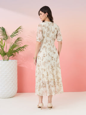 Latin Quarters Women's Off White Printed V-Neck Half Sleeves Casual Fit & Flare Dress