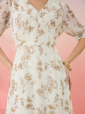 Latin Quarters Women's Off White Printed V-Neck Half Sleeves Casual Fit & Flare Dress
