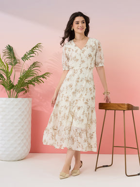 Latin Quarters Women's Off White Printed V-Neck Half Sleeves Casual Fit & Flare Dress
