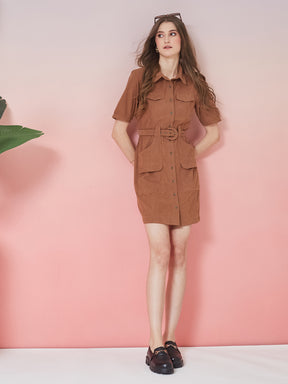 Latin Quarters Women's Brown Solid Half Sleeve Collar Neck Casual Shirt Dress with Belt