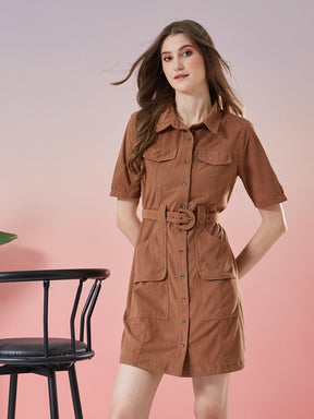 Latin Quarters Women's Brown Solid Half Sleeve Collar Neck Casual Shirt Dress with Belt