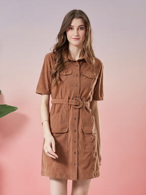 Latin Quarters Women's Brown Solid Half Sleeve Collar Neck Casual Shirt Dress with Belt