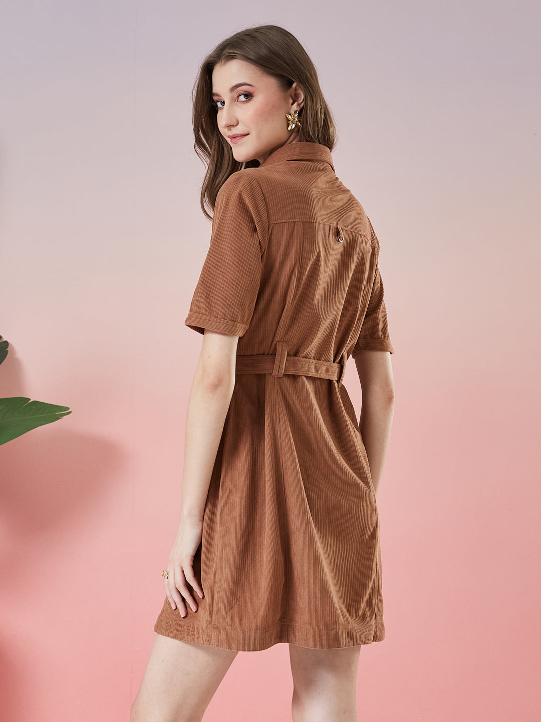 Latin Quarters Women's Brown Solid Half Sleeve Collar Neck Casual Shirt Dress with Belt