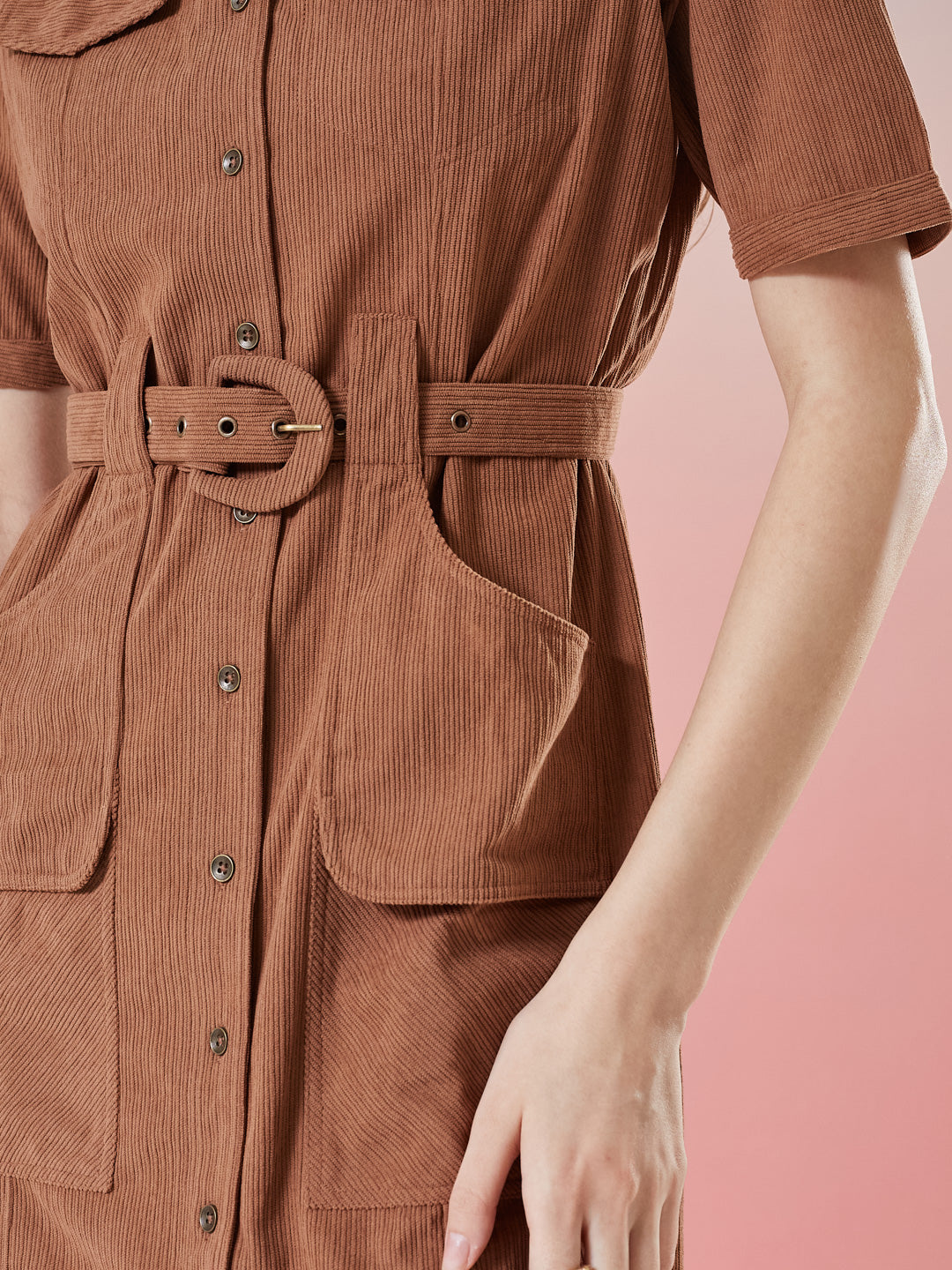 Latin Quarters Women's Brown Solid Half Sleeve Collar Neck Casual Shirt Dress with Belt