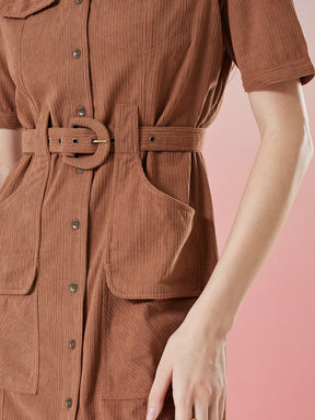 Latin Quarters Women's Brown Solid Half Sleeve Collar Neck Casual Shirt Dress with Belt
