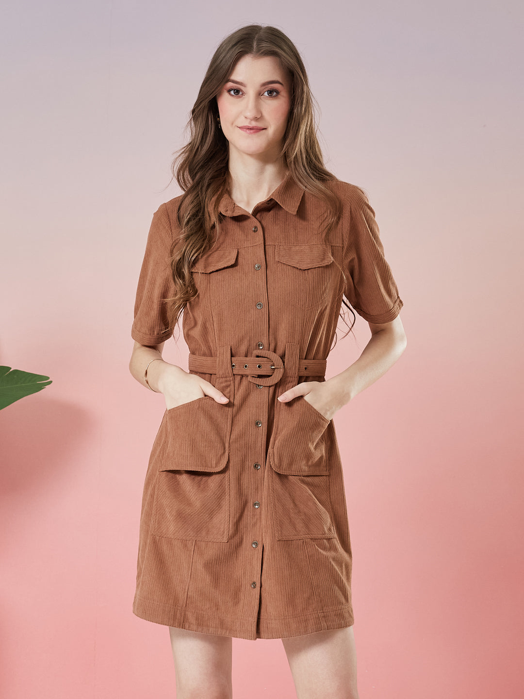 Latin Quarters Women's Brown Solid Half Sleeve Collar Neck Casual Shirt Dress with Belt