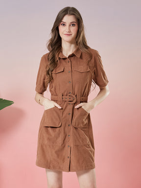Latin Quarters Women's Brown Solid Half Sleeve Collar Neck Casual Shirt Dress with Belt