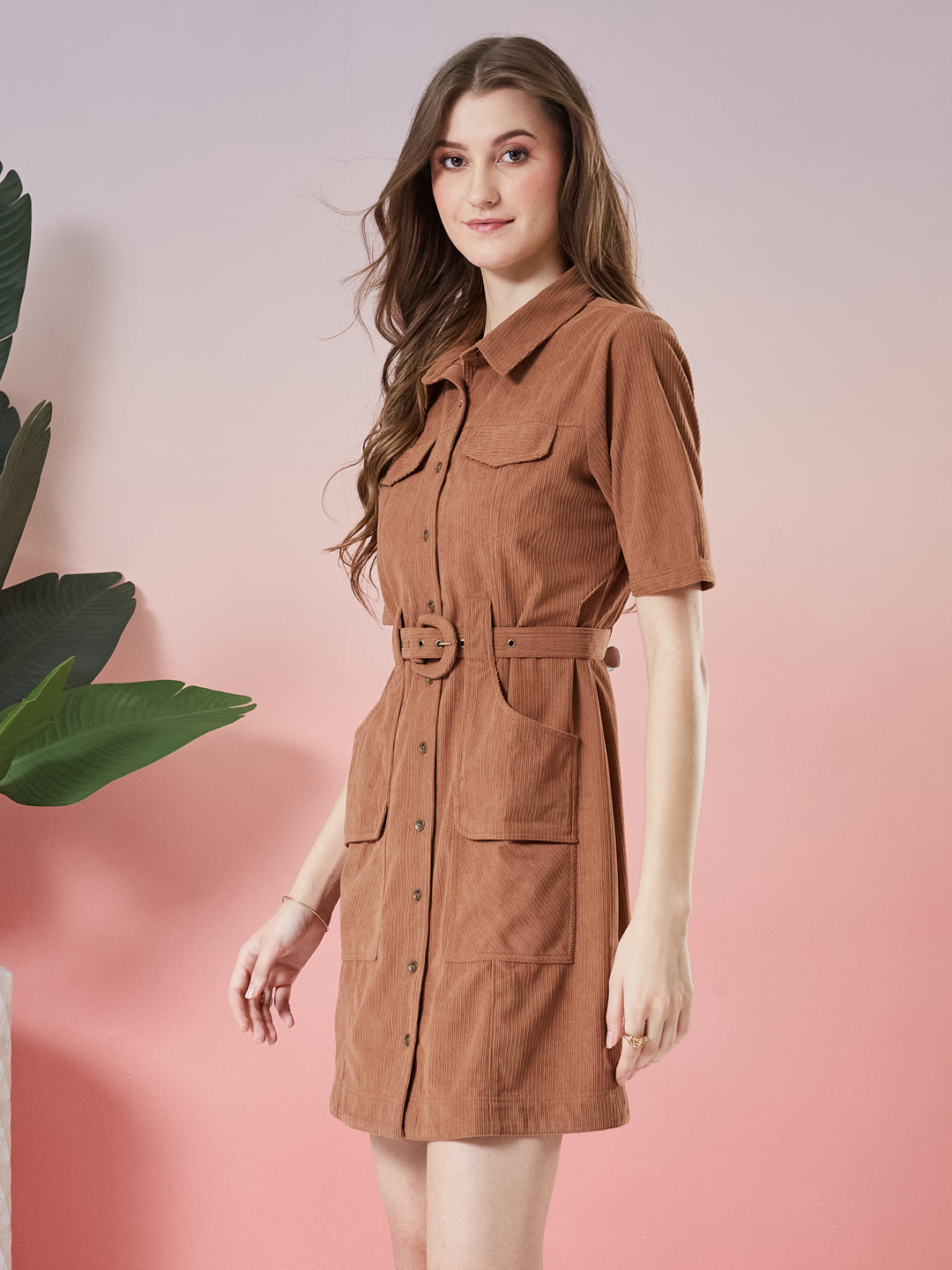 Latin Quarters Women's Brown Solid Half Sleeve Collar Neck Casual Shirt Dress with Belt