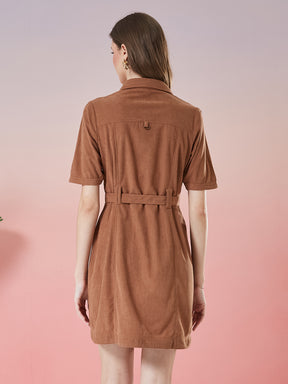 Latin Quarters Women's Brown Solid Half Sleeve Collar Neck Casual Shirt Dress with Belt