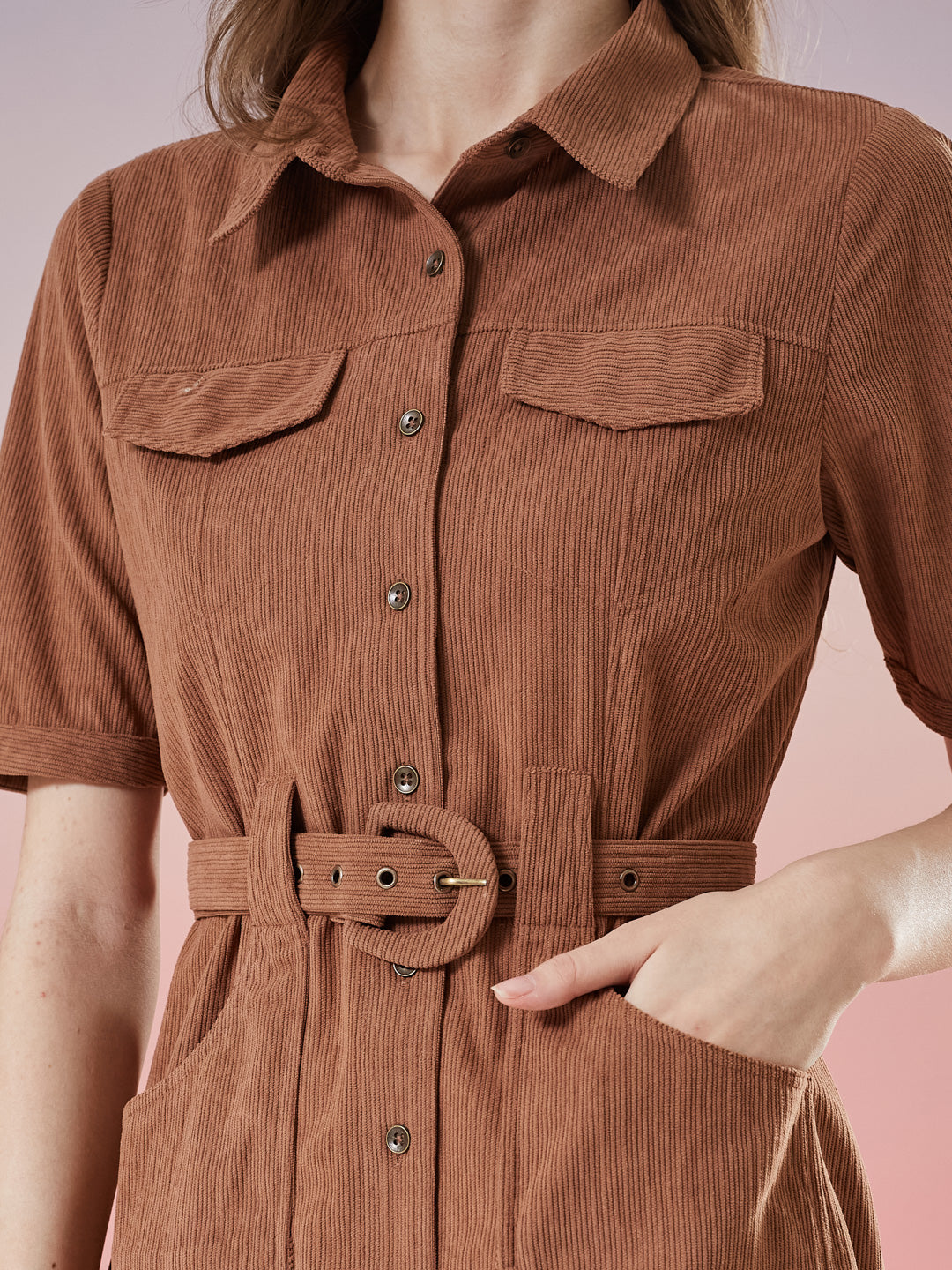 Latin Quarters Women's Brown Solid Half Sleeve Collar Neck Casual Shirt Dress with Belt