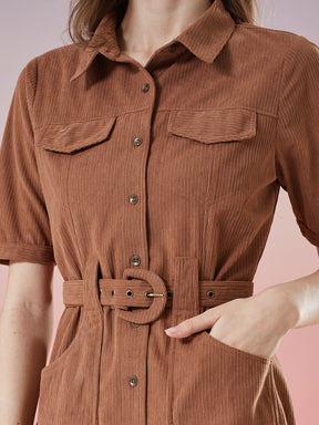 Latin Quarters Women's Brown Solid Half Sleeve Collar Neck Casual Shirt Dress with Belt
