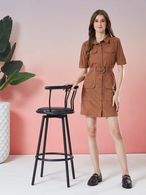 Latin Quarters Women's Brown Solid Half Sleeve Collar Neck Casual Shirt Dress with Belt