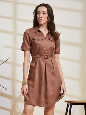 Latin Quarters Women's Brown Solid Shirt Collar Half Sleeve Casual Shirt Dress