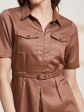 Latin Quarters Women's Brown Solid Shirt Collar Half Sleeve Casual Shirt Dress