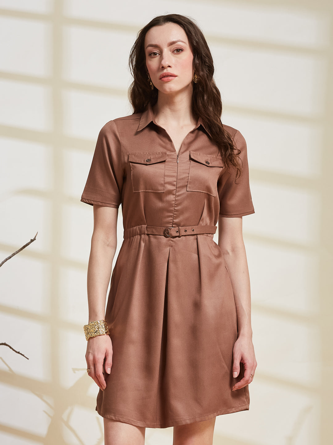 Latin Quarters Women's Brown Solid Shirt Collar Half Sleeve Casual Shirt Dress