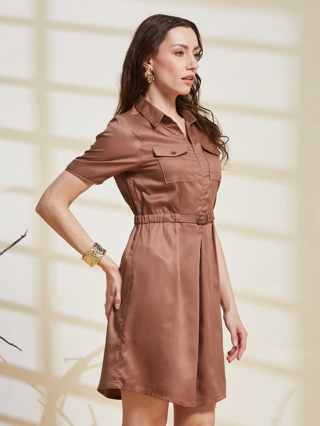 Latin Quarters Women's Brown Solid Shirt Collar Half Sleeve Casual Shirt Dress