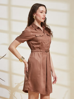 Latin Quarters Women's Brown Solid Shirt Collar Half Sleeve Casual Shirt Dress