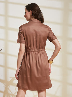 Latin Quarters Women's Brown Solid Shirt Collar Half Sleeve Casual Shirt Dress