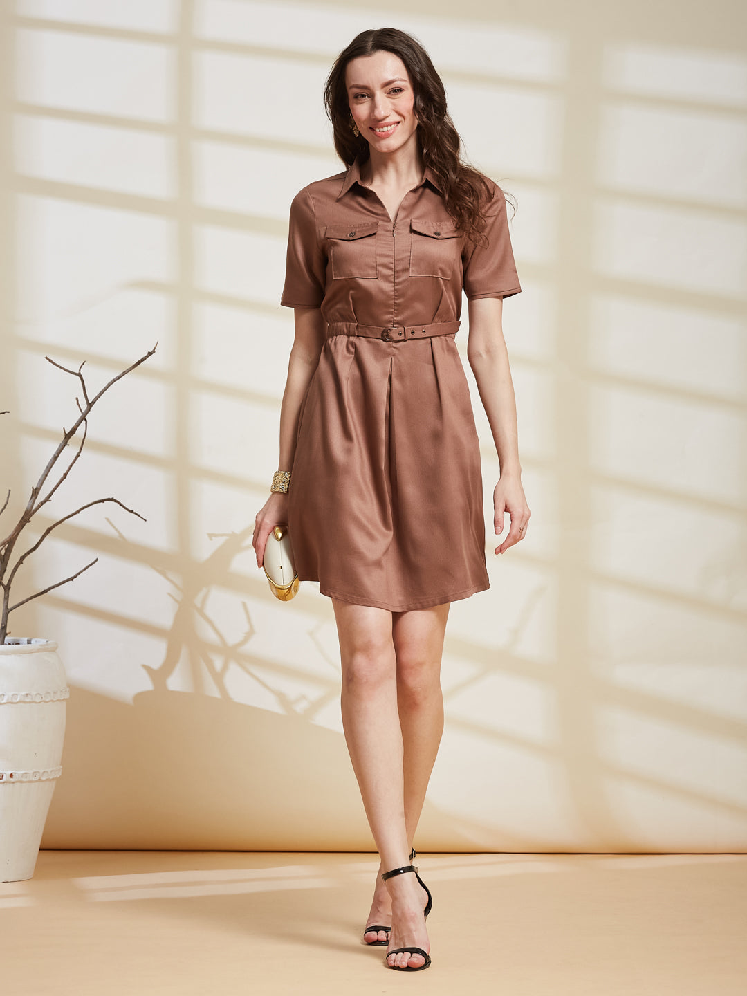 Latin Quarters Women's Brown Solid Shirt Collar Half Sleeve Casual Shirt Dress