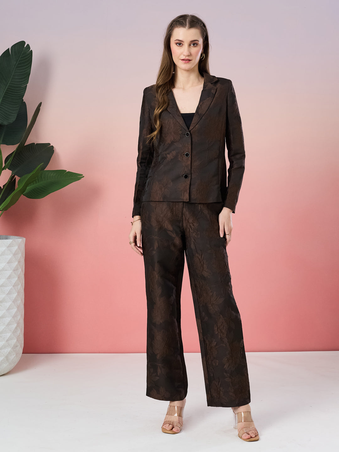 Latin Quarters Women's Brown Self Design Full Sleeve Collar Neck Party Co-Ord Set