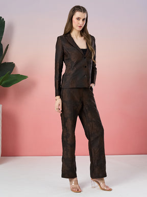 Latin Quarters Women's Brown Self Design Full Sleeve Collar Neck Party Co-Ord Set