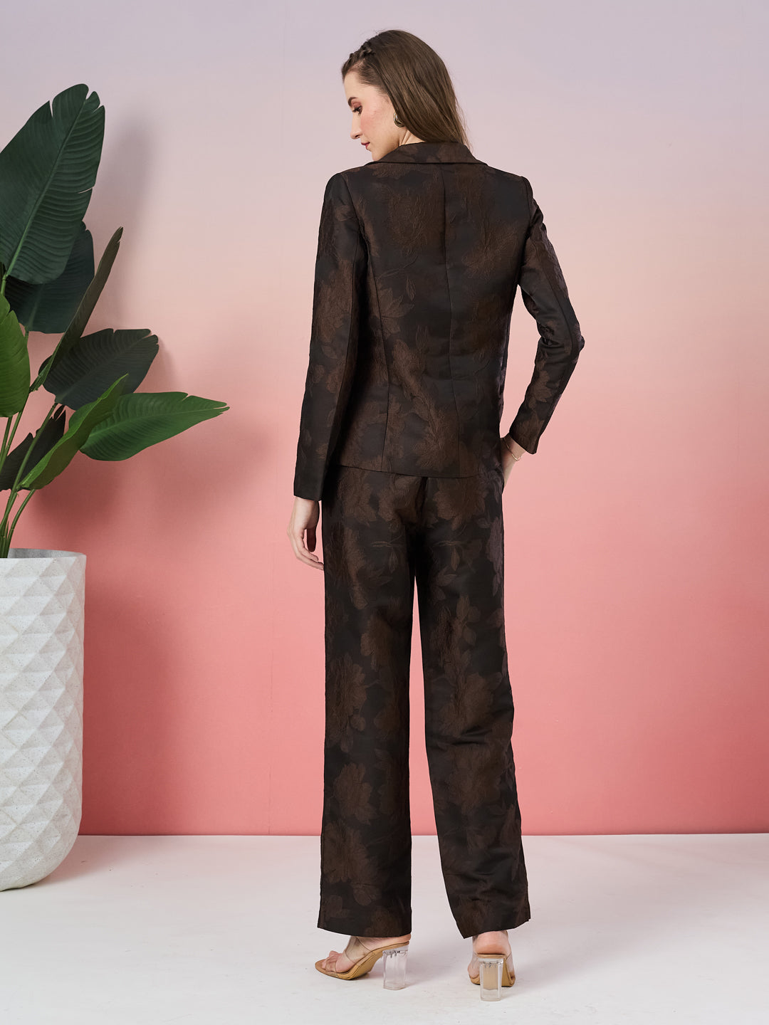 Latin Quarters Women's Brown Self Design Full Sleeve Collar Neck Party Co-Ord Set